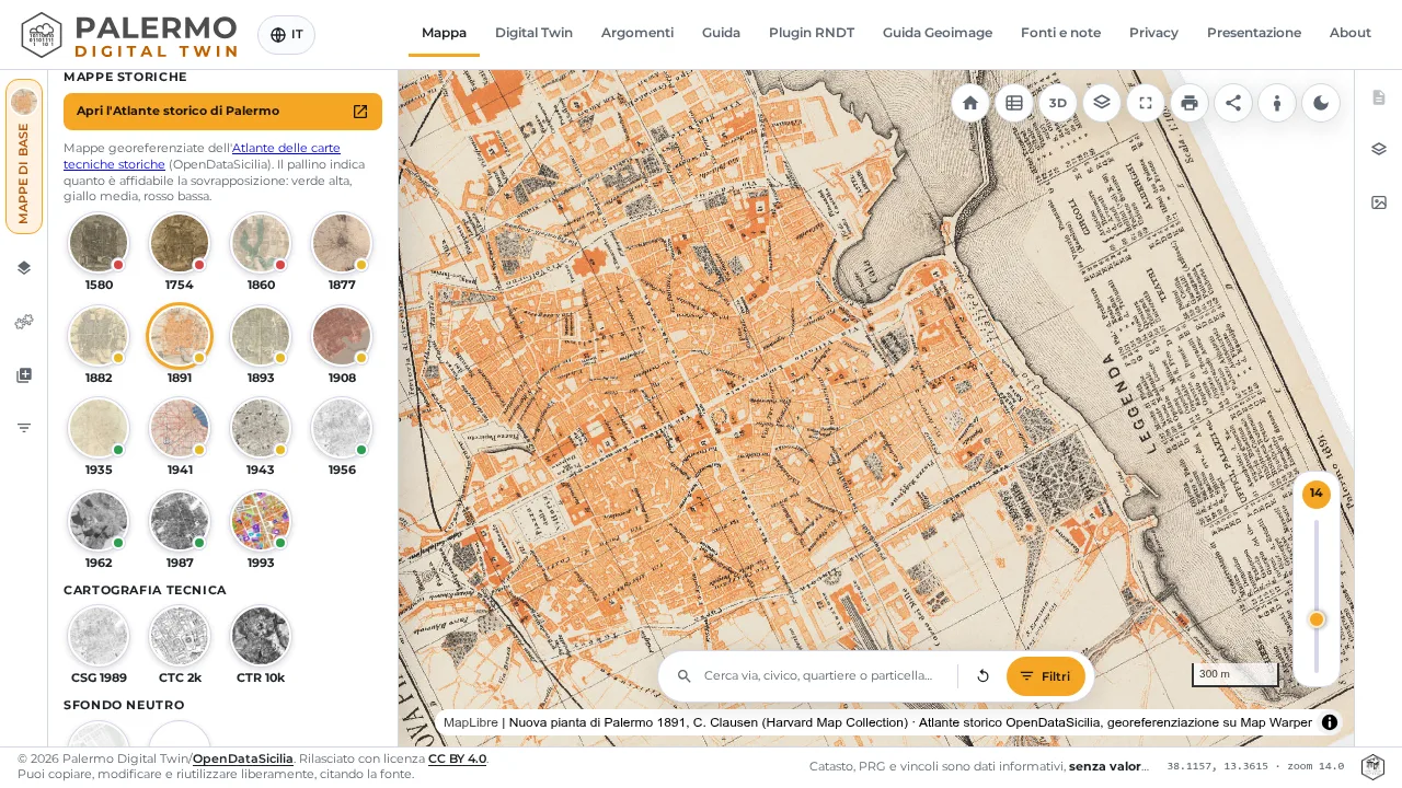 Una pianta storica di Palermo sovrapposta alla mappa di oggi, con l'elenco delle mappe disponibili.