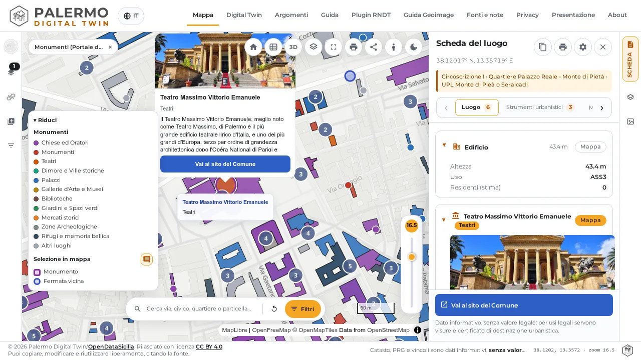 Il Teatro Massimo evidenziato tra i monumenti, con foto e collegamento al sito del Comune.