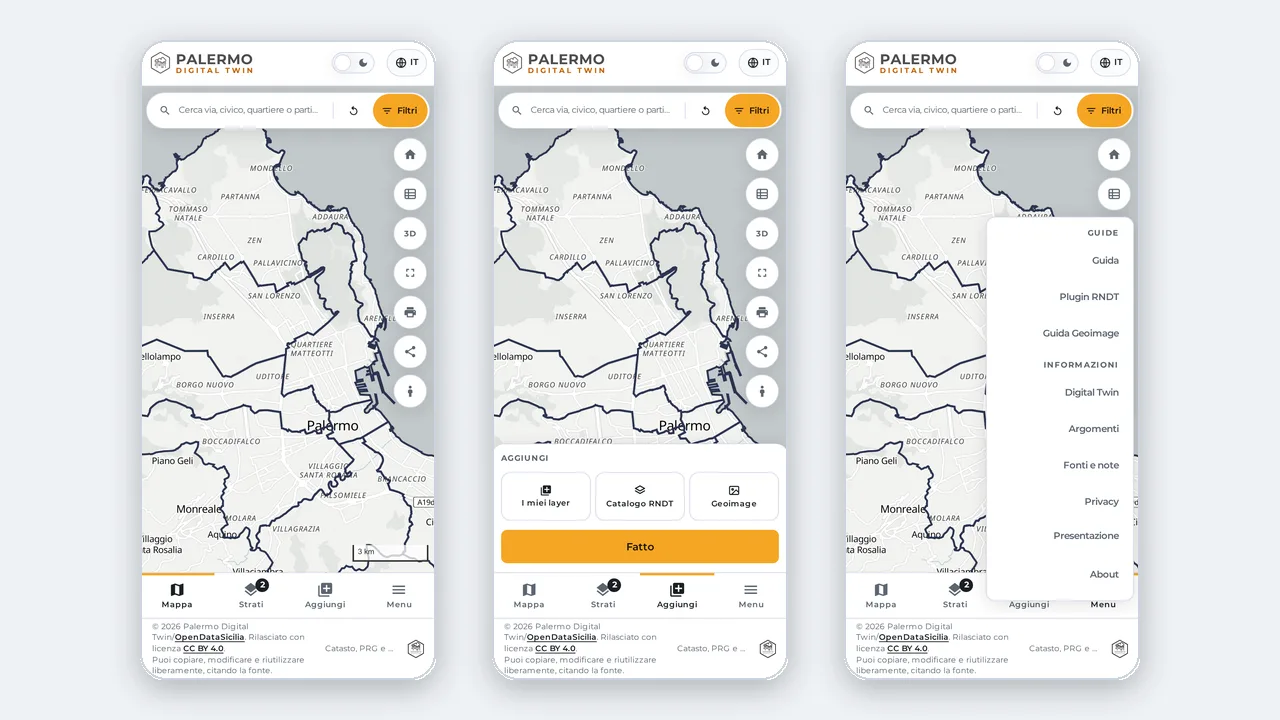Tre schermate del telefono: la mappa con la barra dei tab in basso, il foglio Aggiungi e il menu a comparsa.