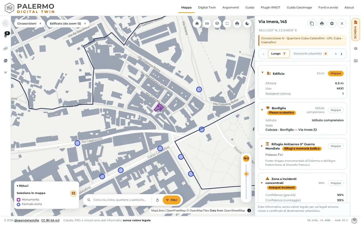 L'app aperta su via Imera: la mappa con gli edifici e, a destra, la scheda del luogo con edificio, scuola, rifugio e zona a incidenti concentrati.